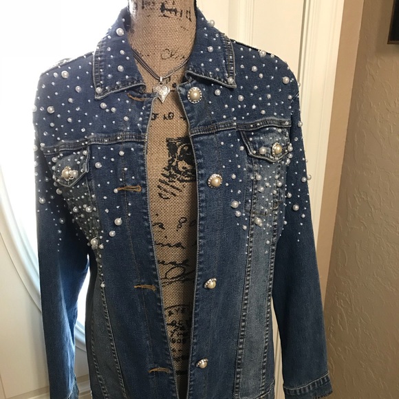 denim jacket with pearls and rhinestones